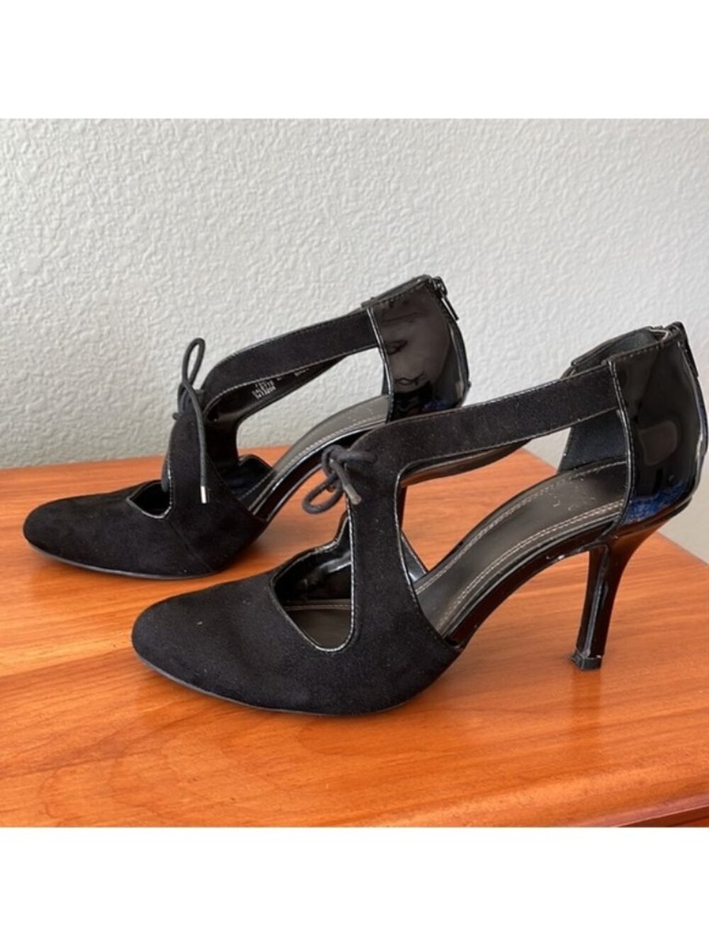 IMPO black faux suede 3 inch high shoes, size 7.5 women’s. Patent leathe…